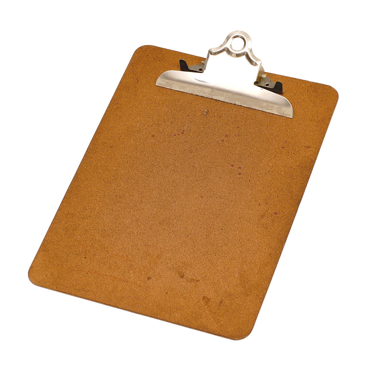An empty brown hardboard clipboard with a metal clip.
