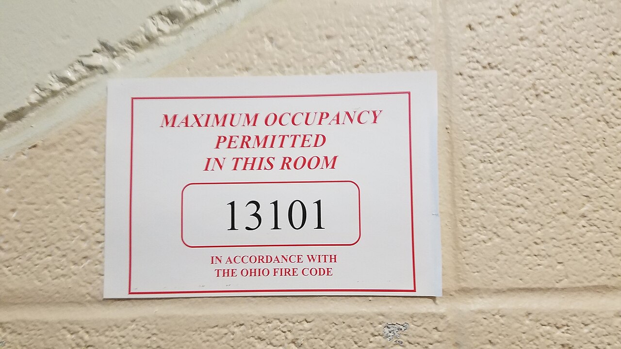 A sign on a painted block wall reading Maximum occupancy permitted in this room: 13101.