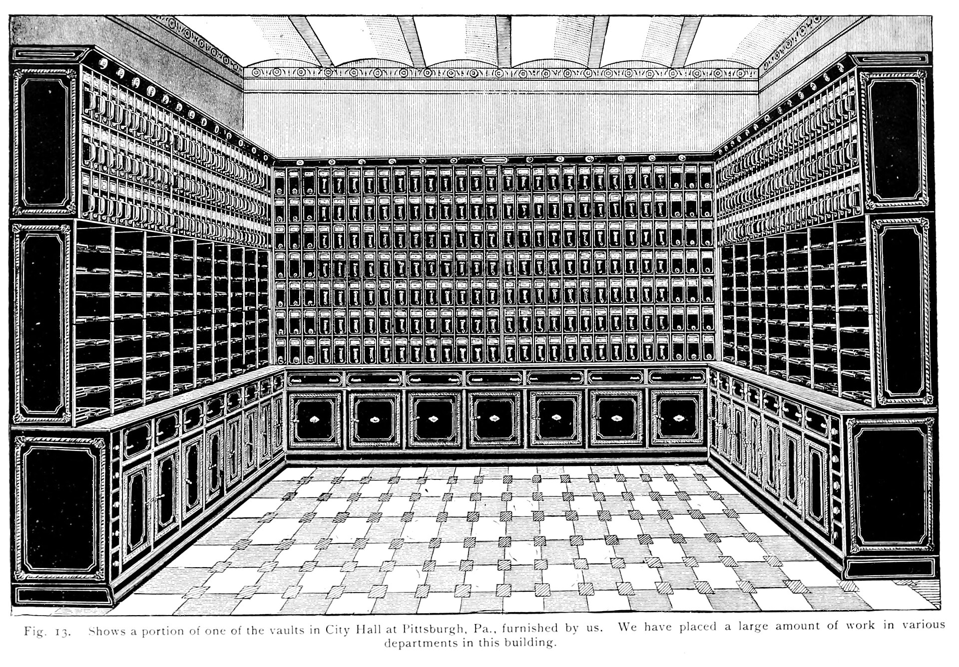 An 1892 engraving of a municipal records vault, every wall lined floor to ceiling with filing drawers.